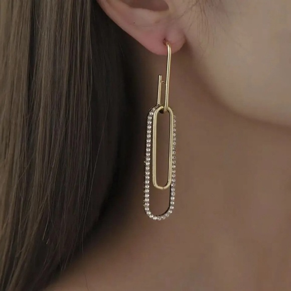 Gold Rhinestone Paper Clip Dangle Earrings - Picture 1 of 15
